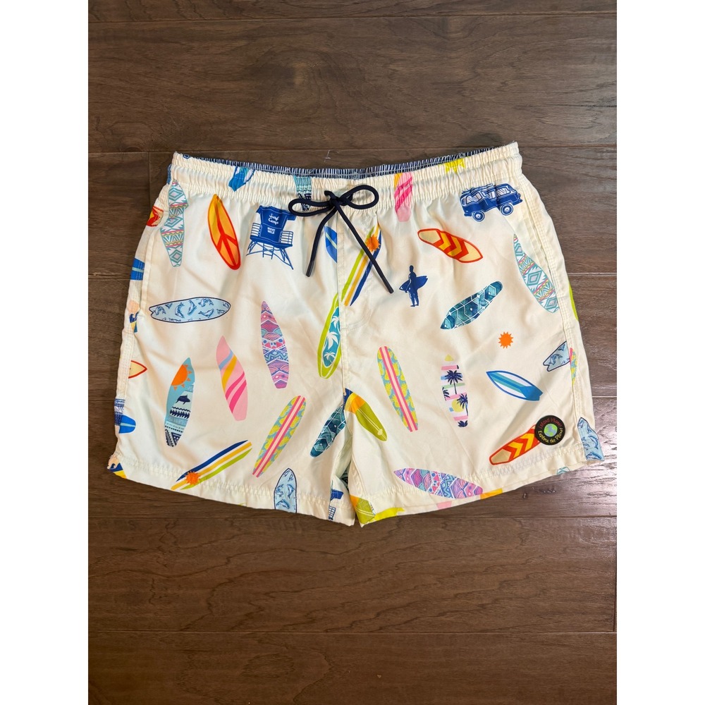 Island Planet Mens Swim Trunks XXL White Surfboard Print Mesh Lined Board Shorts